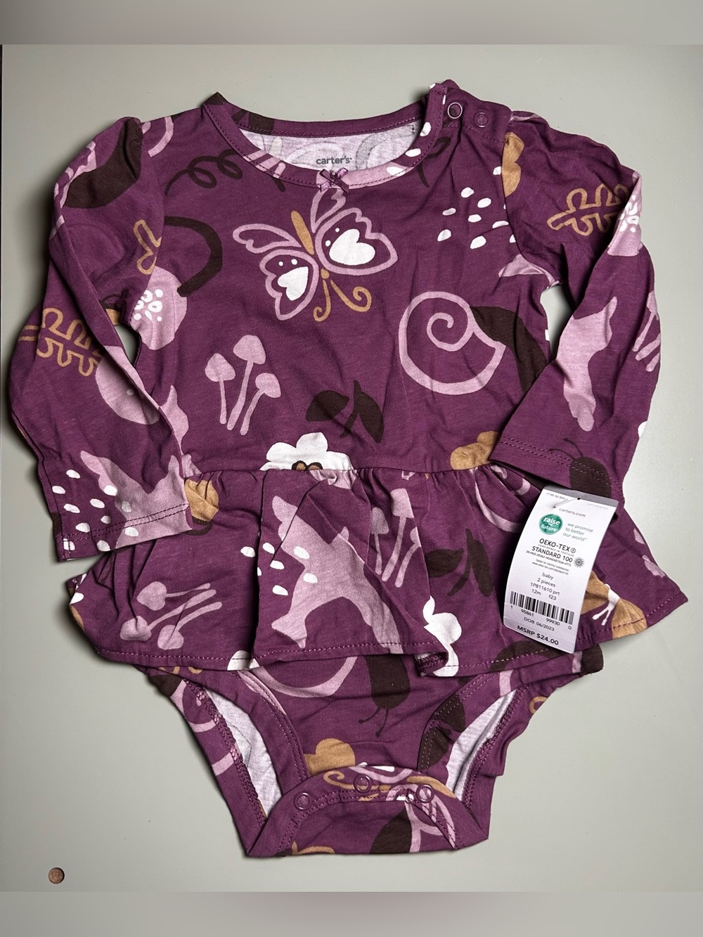 Carter’s Baby Girl 12M Purple Long Sleeve Body Suit w/ Butterfly & Botanicals